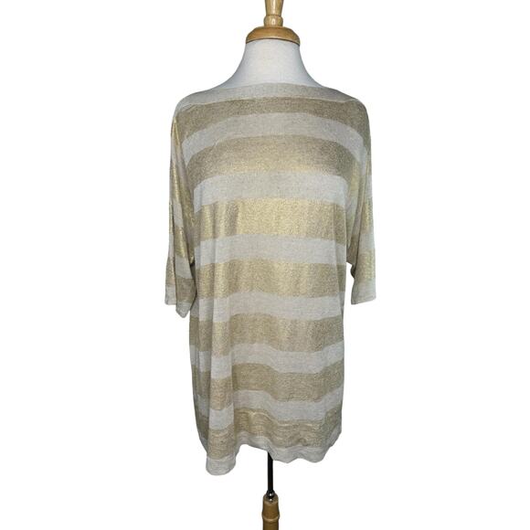 CHICOS Gold Tan Stripe Linen Blend Short Sleeve Relaxed Knit Top Size Large (2) - Picture 1 of 9